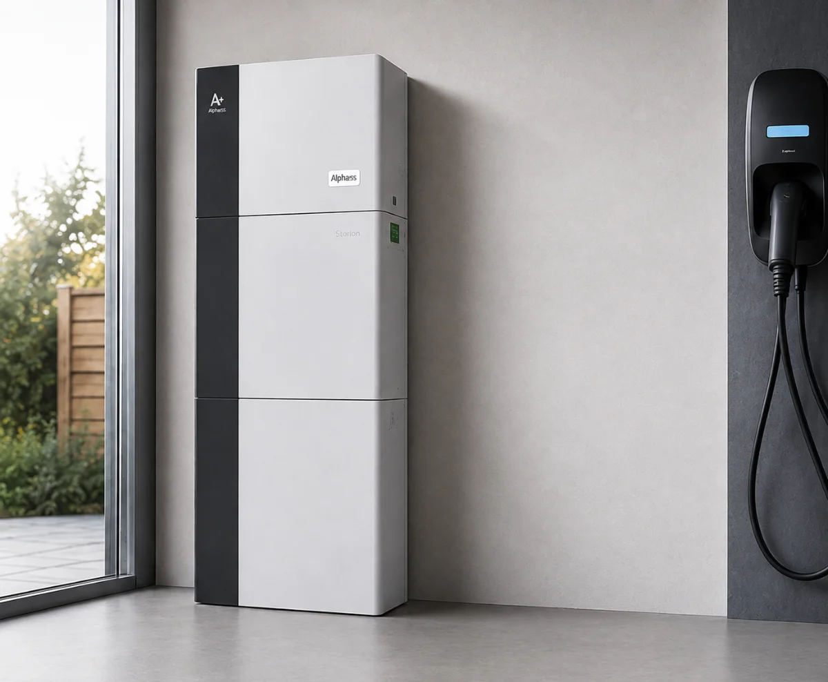 Thuisbatterij met omvormer tegen grijze muur in een lichte woonkamer