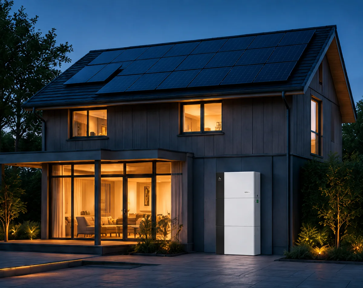 Moderne woning in de avond met zonnepanelen en thuisbatterij